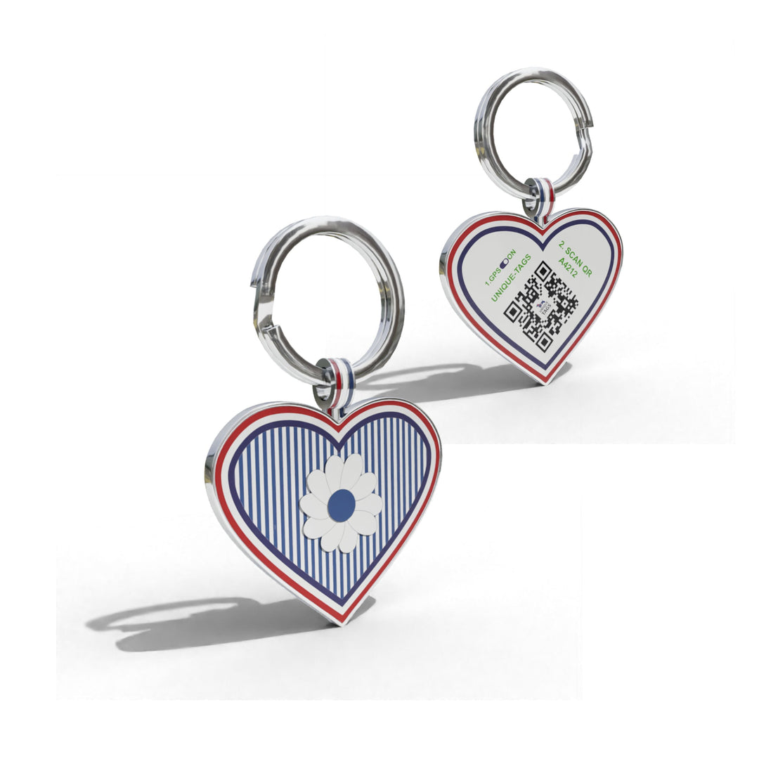 Premium Heart Shaped Navy Daisy On Stripe QR Tag