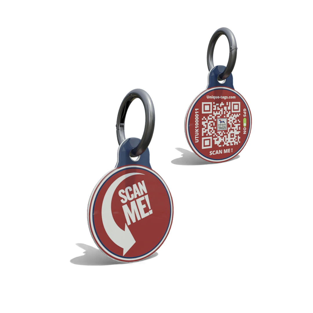 Red Scan Me With Arrow Round Shaped Epoxy QR Tag