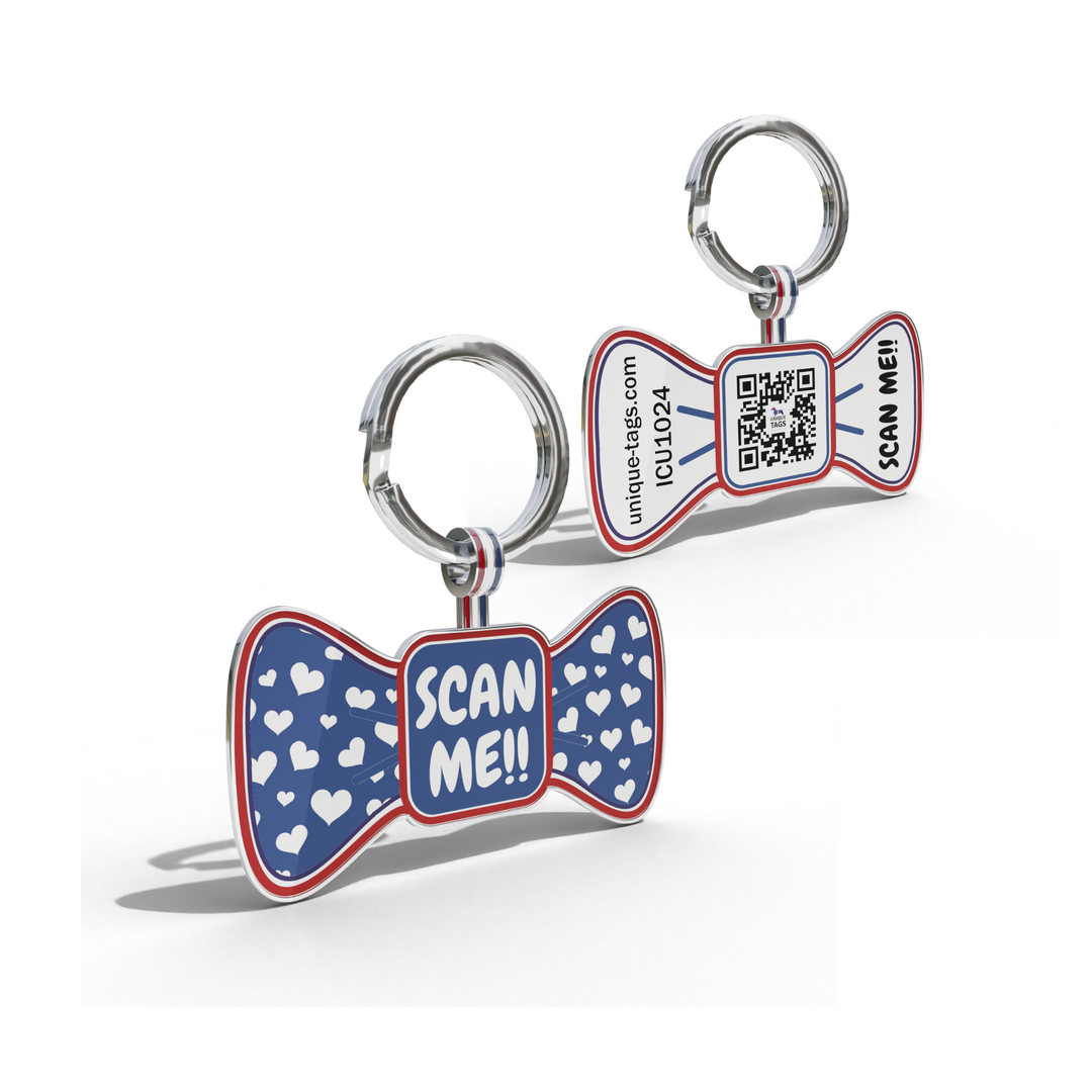 Scan Me Navy Hearts Premium Bow Shaped QR Tag