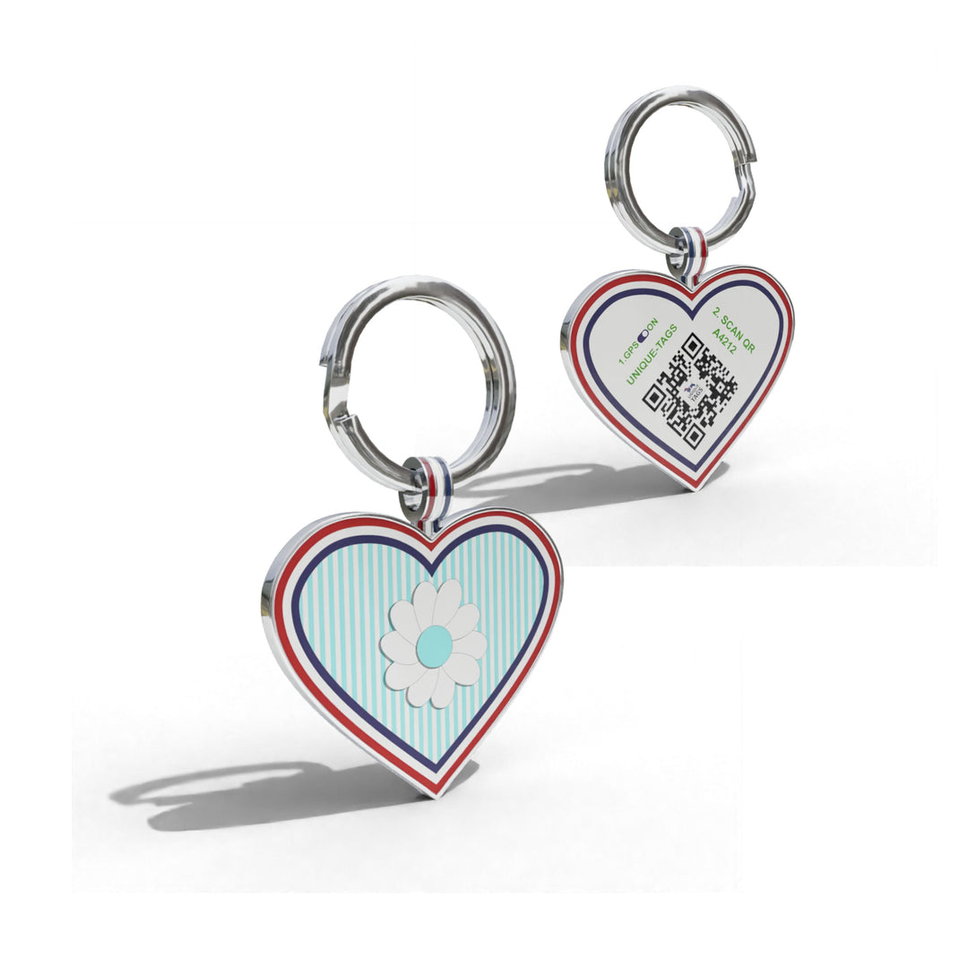 Premium Heart Shaped Aqua Daisy On Stripe QR Tag